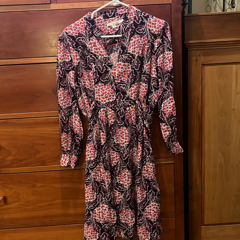 Boden Long Sleeve Floral Wrap Dress in Plum and Pink